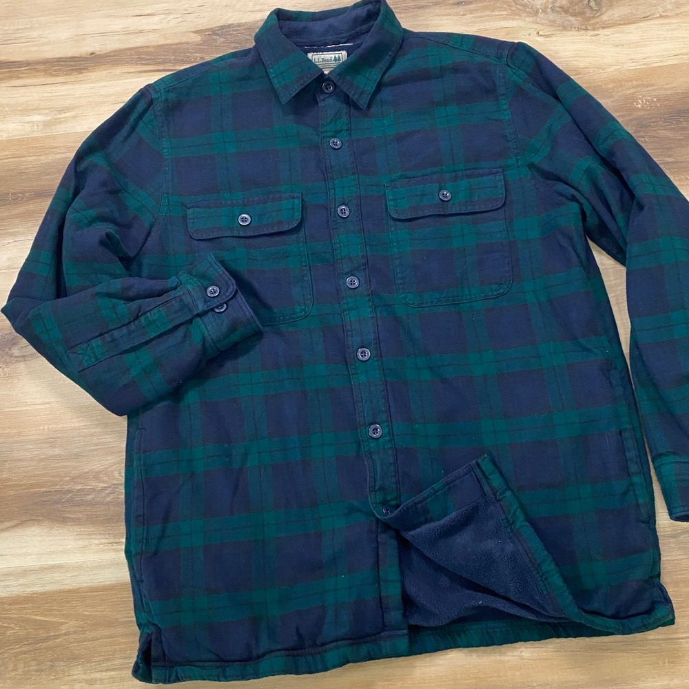 LL Bean Fleece Lined Flannel Shirt Medium M Reg Plaid Cotton Traditional Green